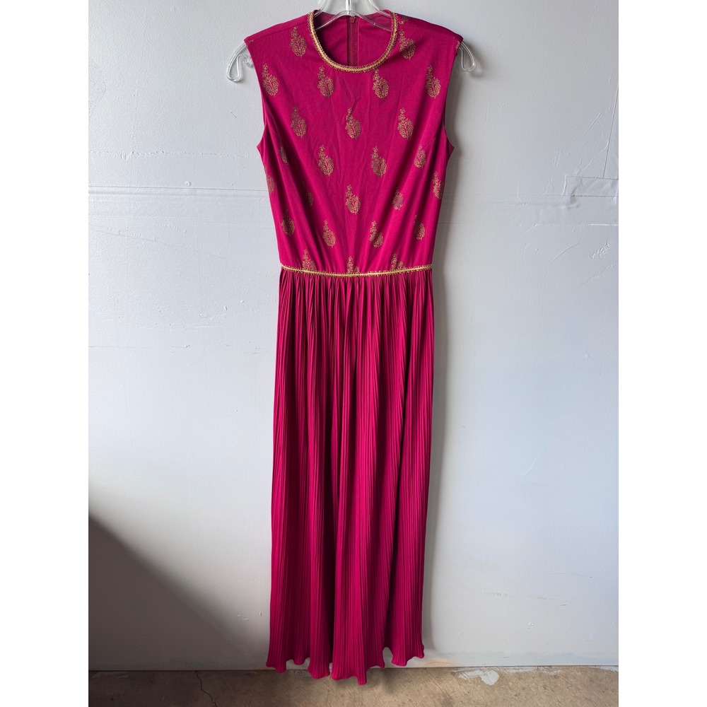 Alfred Shaheen Vintage Pink Gold Pleated Maxi Dress Sleeveless Hawaii USA 6
